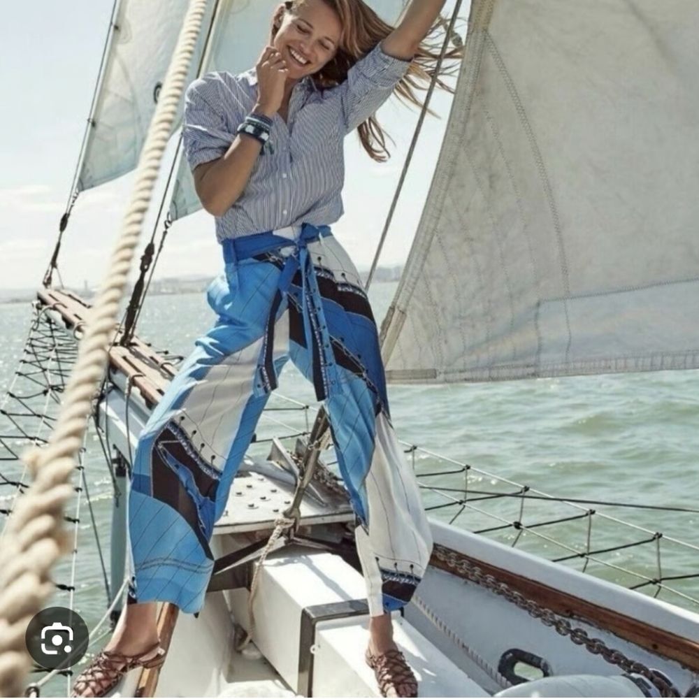 J Crew Ratti Regatta Wide Leg Nautical Print Flowy Pants Blue White Black Size 6